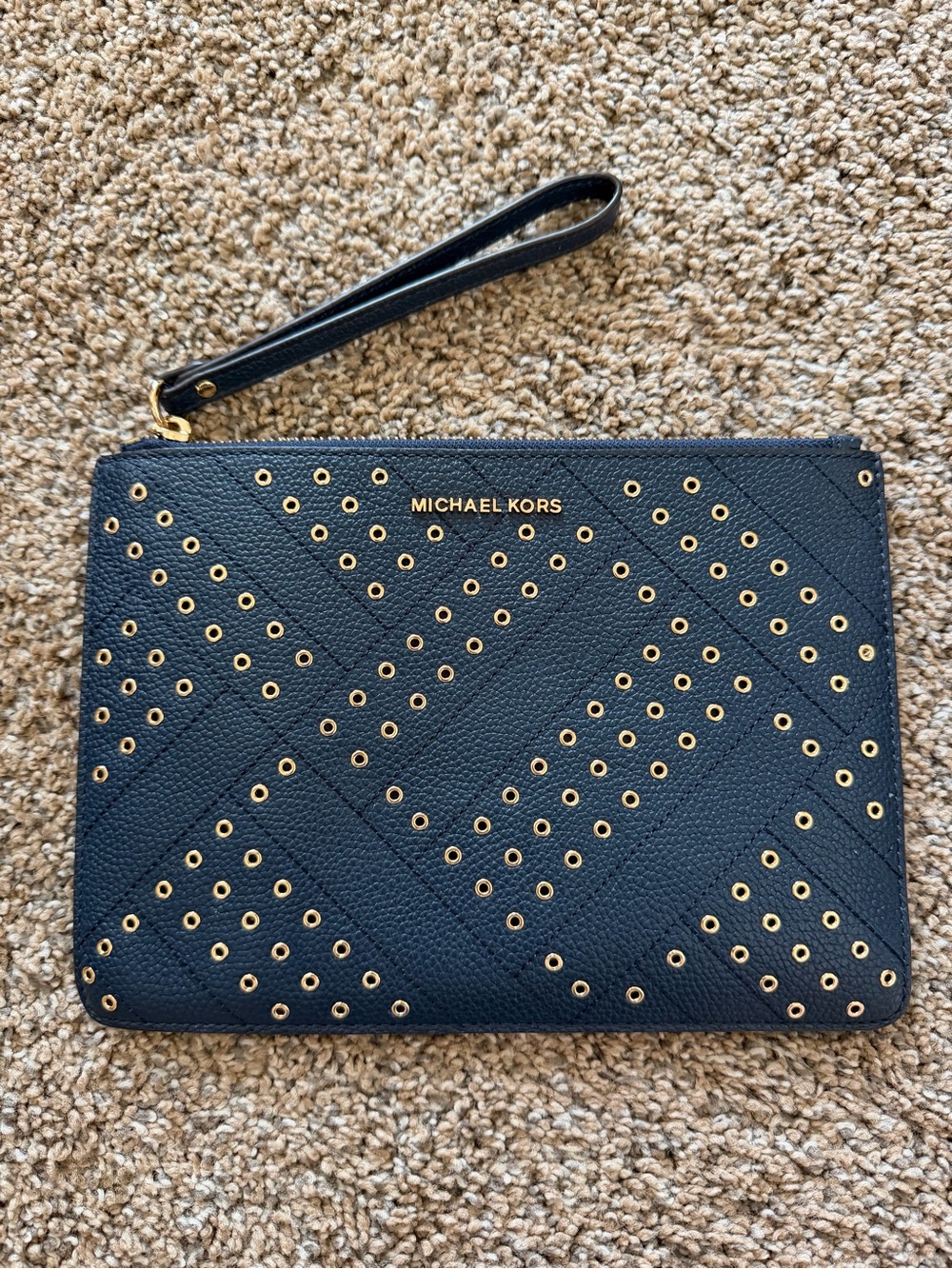 MICHAEL KORS Navy & Gold Eyelet Jet Set Travel Leather XL Zip Clutch Wristlet